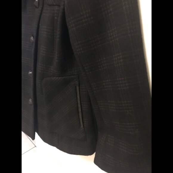 MACKAGE Plaid Check Bell Sleeves Wool Coat Jacket Leather Pockets Lined Collar L - Picture 5 of 13
